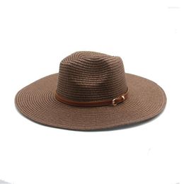 Chapéus de aba larga Mulheres Women Summer Straw Papel Solid Big 11 cm Band Sun Protection Khaki Coffee Black Men Bucket Delm22