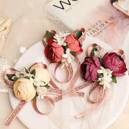 Wrist Flower Wedding Bridesmaid Hand Rose Artificial Flowers Ribbon Party Prom 3colors W1986
