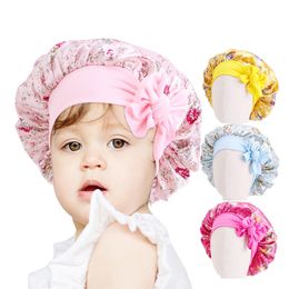 2022 New Cute Printed Baby Satin Round Cap Elastic Strap Home Hat Kids Nightcap Boy Girls Muslim Hijabs Bonnet 2-8 Years Old