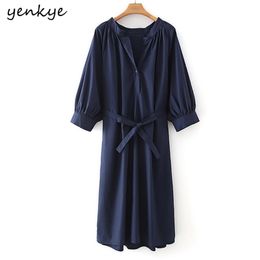 Fashion Women Spring Vintage Solid Color Dress Female Long Sleeve V Neck Sashes Midi Casual Loose Plus Size 210514
