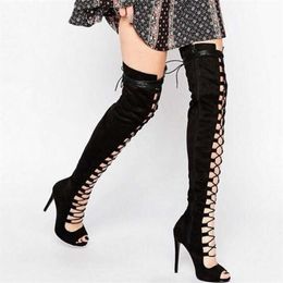 Schwarz Sexy Overknee Stiefel Frauen Sommer Dünne High Heel Reißverschluss Lange Stiefel Damen Mode Schuhe Weibliche Peeptoe Oberschenkel Stiefel 210911