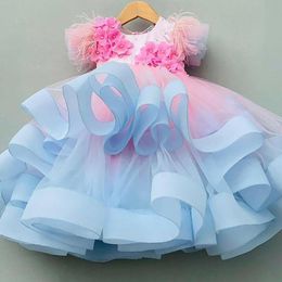 Girl's Dresses Feather Hand Made Flowers Ball Gown Tutu Flower Girl Fashion Tulle Elegant Lilttle Kids Birthday Pageant Weddding Gowns