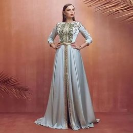 Blue Moroccan Caftan Evening Dresses Long Sleeves O-Neck Crystal Algeria Arabic Muslim Special Occasion Prom Dress Party Formal Gowns BES121