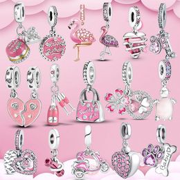 925 Sterling Silver Pendant Charms for Pandora Original box Pink Color Flamingo Turtle Dog Paw Birthday Cake European Bead Charms Bracelet Necklace jewelry making