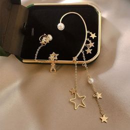 Clip-on & Screw Back Vintage Asymmetric Pearl Star Tassel Clip Earrings For Women Long Rhinestone Stars Ear Cuff Trendy Jewelry 2022Clip-on