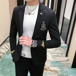 Spring Casual Blazer Suit Jacket Embroidery Black Social British Blazers Men Suits Wedding Coat Club DJ Stage Clothers 201128