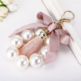 Keychains Trend Tassel Keychain For Women Girls Fashion Car Bags Key Rings Spring Pink Bow Pearl Round Pendant AccessoryKeychains Fier22