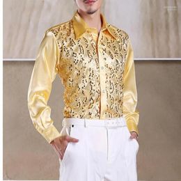 Men's Casual Shirts Shiny Gold Sequin Glitter Long Sleeve Shirt Men 2022 Fashion Nightclub Party Stage Chorus For Chemise HommeMen's Eldd22