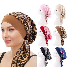 Fashion Straps Satin Print Turban Caps Wide Elastic Women Chemo Cap Muslim Hijabs Hat Headwrap Home Hair Loss Bonnet Nightcap