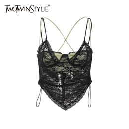 TWOTWINSTYLE Patchwork Lace Short Vest For Women Square Collar Sleeveless Fake Two Sexy Vests Female Fashion Clothing Style 220316