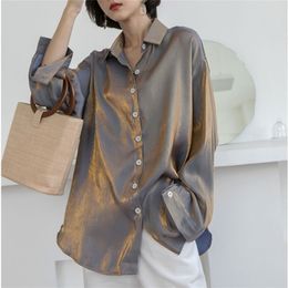 Bella Autumn Women Glossy Blouses female Long Sleeve Loose Tops lady Solid Long Streetwear Clothes Shirt 210226