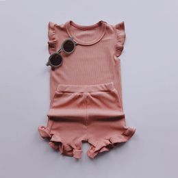 Clothing Sets Girls Clothes 2pcs Summer Solid Children Ruffle Sleeve T-shirt And Shorts Suits For Kids Toddler SetClothing