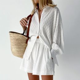 Summer White Elegant Jacquard Fabric Soft Vacation Suits Women Long Sleeves Shirts And Hot Pants Two Pieces Outfits