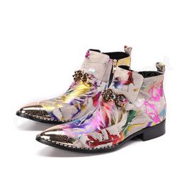 Colorful Floral Men Party Boots Wedding Ankle Boots Nightclub Zipper Formal Dress Shoes Male