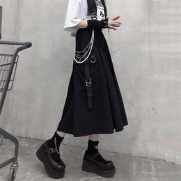 Gothic High Waist Cargo Skirts Woman Harajuku Loose A-line Pocket Midi Long Black Skirt Hip Hop Fashion Streetwear OverSize 220401