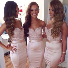 Blush Pink Lace Long Bridesmaid Dresses 2016 Sweetheart Neckline vestido madrinha Brush Train Formal Party Evening Dresses vestido longo