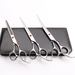 3Pcs Suit 7" JP 440C Customized Logo Professional Pets Dog Hair Grooming Scissors Cutting Shears + Thinning Scissor + UP Curved Shears C3003