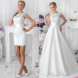Romantyczne białe dwa kawałki Linia koronkowe sukienki ślubne 2020 z odłączoną spódnicą vestidos de noiva wiosenna załoga szyja krótka suknie ślubne