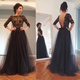 2017 Elegant Black Lace Backless Illusion 3/4 Long Sleeve Top Tulle Skirt Mother Of The Bride Dresses Plus Size Custom Made EN110113