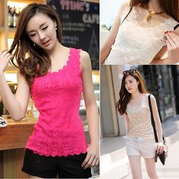 Wholesale-New Women Candy Color Floral Lace Sexy Top Short Sleeve Blouse Crew Neck shirt