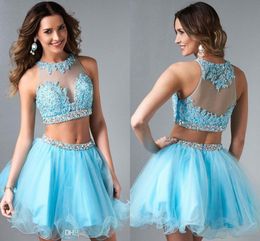 2015 8 Graduación Grado vestidos atractivos 2 Piezas Sheer cuello apliques de encaje rebordear Crystal Vestidos de Fiesta acanalada de Tulle del vestido de coctel CGL05 2015 8 Graduación Grado vestidos atractivos 2 Piezas Sheer cuello apliques de encaje rebordear Crystal Vestidos de Fiesta acanalada de Tulle del vestido de coctel CGL05