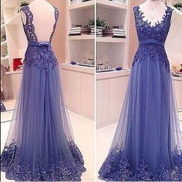 Elegant Royal Blue Deep V Neck Lace Appliques Tulle Prom Dresses Party Dresses Sexy Backless Ribbon Bow Lace Gowns Formal Evening Dresses