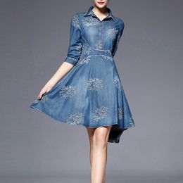 2015 Women Autumn Half Sleeve Fashion Floral Embroidery Demin Dress Knee Length Turn-down Collar Female Jeans Dresses Vestidos FG1511