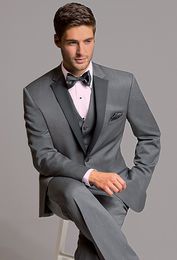 Light Grey Tuxedos Slim Fit Mens Wedding Suits Peaked Lapel Groom Wear Three Pieces Cheap Formal Suit(Jacket+Pants+Vest+Bow Tie)