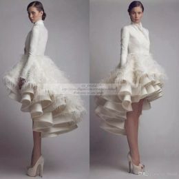 Designer Krikor Jabotian A Line Dresses Collar Ruffle Feather High Low Bridal Gowns Satin Long Sleeve Plus Size Wedding Dress