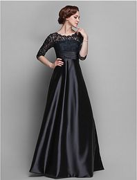 New High Quality A-line Jewel Floor-length Stretch Satin And Lace 3/4 Length Sleeve Illusion Mother of the Bride Dress
