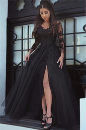 New Sexy Black Long Sleeves Prom Dresses Split Floor Length V Neck Tulle Evening Wear Lace Applique Zipper Back Evening Gowns