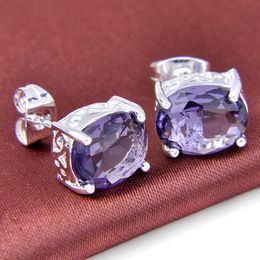 6 Pairs Luckyshine Hot Sale Mystical Purple Amethyst Oval Gems 925 Silver Plated Stud Earrings Jewellery Unisex Stud Earrings