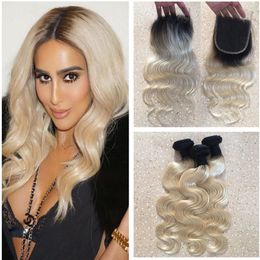 Dark Root Blonde Human Hair Two Tone 1b 613 Blonde Body Wave Human Hair Ombre Weave With Lace Closure Light Blonde Hair Bundles