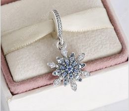 Clear CZ and crystal blue Snowflake Dangle Charms Winter 2015 100% 925 sterling silver bracelets fine jewelry for women