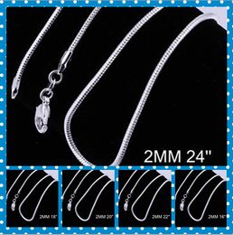 100PCS 925 Silver plates 2mm Smooth Snake Chain Mix Size 16-24inch 925 Sterling Necklace