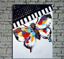 100% Hand Painted Modern Animal Painting on Canvas Smart Butterfly Playing Panio Art for Wall Decoration 1PC