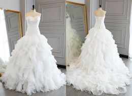 Real Photos Strapless 2018 Ruffles Wedding Dress Ball Gown Cheap Organza Court Train Lace Applique Lace up Back Plus size Designer Bridal