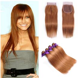 Peruvian Virgin Human Hair Bundles #30 Color Light Auburn Straight Hair Product For Salon 3 Bundles With Lace Closure Virgin Human Hair