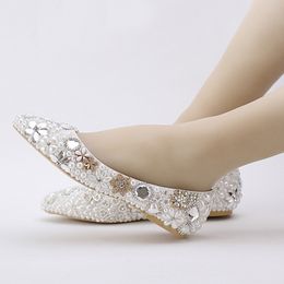 Beautiful Flat Heel White Pearl Wedding Shoes Comfortable Crystal Bridal Flats Customised Mother of Bride Shoes Plus Size 42 43