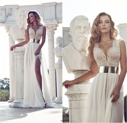 Exquisite Beading Julie Vino In Stock Wedding Dresses Ivory V-Neck Gold Belt A-Line Side Slit Floor-length Chiffon Bridal Gowns221r