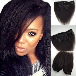 Brazilian Virgin Kinky Straight Clip in Hair Extensions,100% Human Hair Yaki Clip In Extensions,7Pcs/set,Color 1B