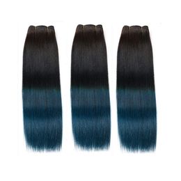 Two Tone 1B Blue Ombre Brazilian Silk Straight Human Virgin Hair 3 Bundles 100% Human Hair Black And Blue 3 Bundles Hair Wefts