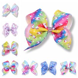 20pcs girl Newest 5" Unicorn hair bows clips character striation ombre bowknot hairpins with Rhinestone in center hair Accessories HD3511