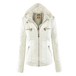 Wholesale-Women's Female PU Leather Hooded Lapel Zipper Pockets Stylish Jackets White/Black/Coffee/Khaki/Apricot M/L/XL/XXL