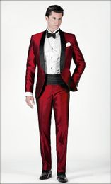 Excellent Style One Button Dark Red Groom Tuxedos Shawl Lapel Groomsmen Mens Wedding Dresses Prom Suits (Jacket+Pants+Girdle+Tie) H338