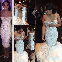 Stunning Crystals Wedding Dresses Beaded Flouncing Ruched Organza Detachable Train Wedding Gowns Mermaid Plus Size White Arabic Bridal Gowns