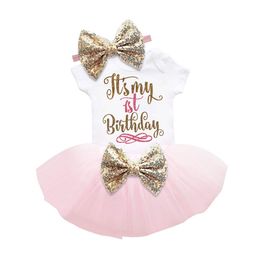 Baby Girls Clothing Summer Sequin Bow Tutu Dress It's My First Birthday Romper +Headband +Tutu Skirt Baby Girl Clothes Set Birthday Gift