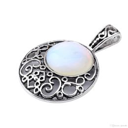 Semi Precious stone Opal & Opalite Pendants 40MM Plated Silver Alloy 20MM Cabochon Crystal Women Necklace jewelry 60cm Chain