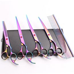 5Pcs Suit 7" 440C Customised Logo Professional Hair Hairdressing Scissors Comb +Cutting Shears+Thinning Scissors+UP&Down Curved Shears C3003