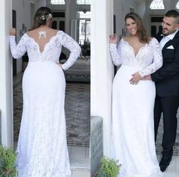 Plus Size Wedding Dresses A Line Deep V Neck Backless Lace Applique Beach Wedding Gown With Detachable Train Sweep Train Country Bride Dress